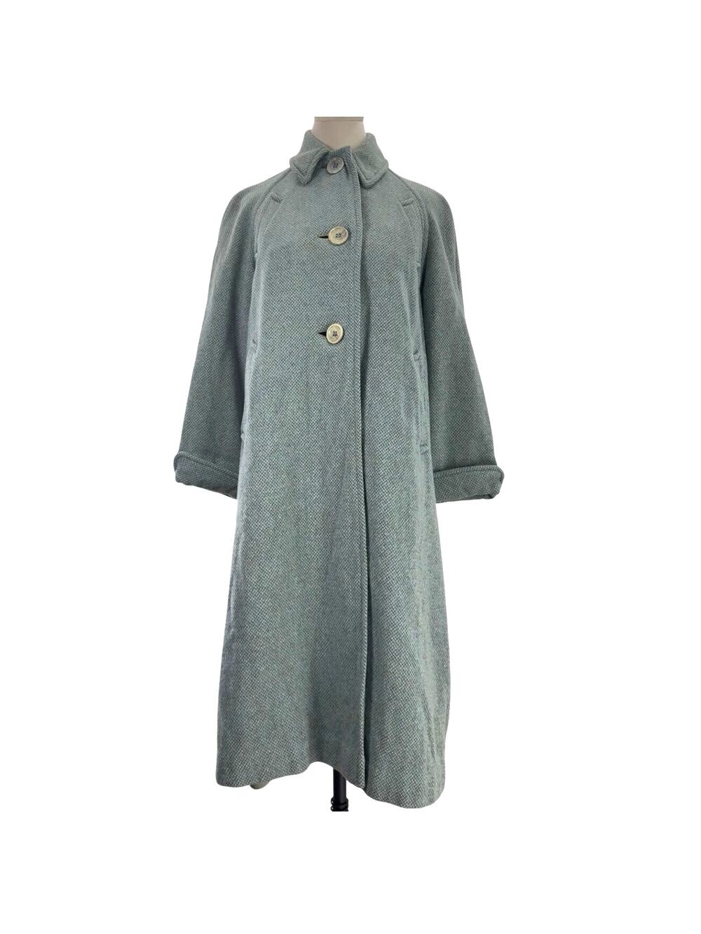 Vintage 1950s Women's Medium Aqua Green Gray Tweed Wool Coat A-Line 40 Bust